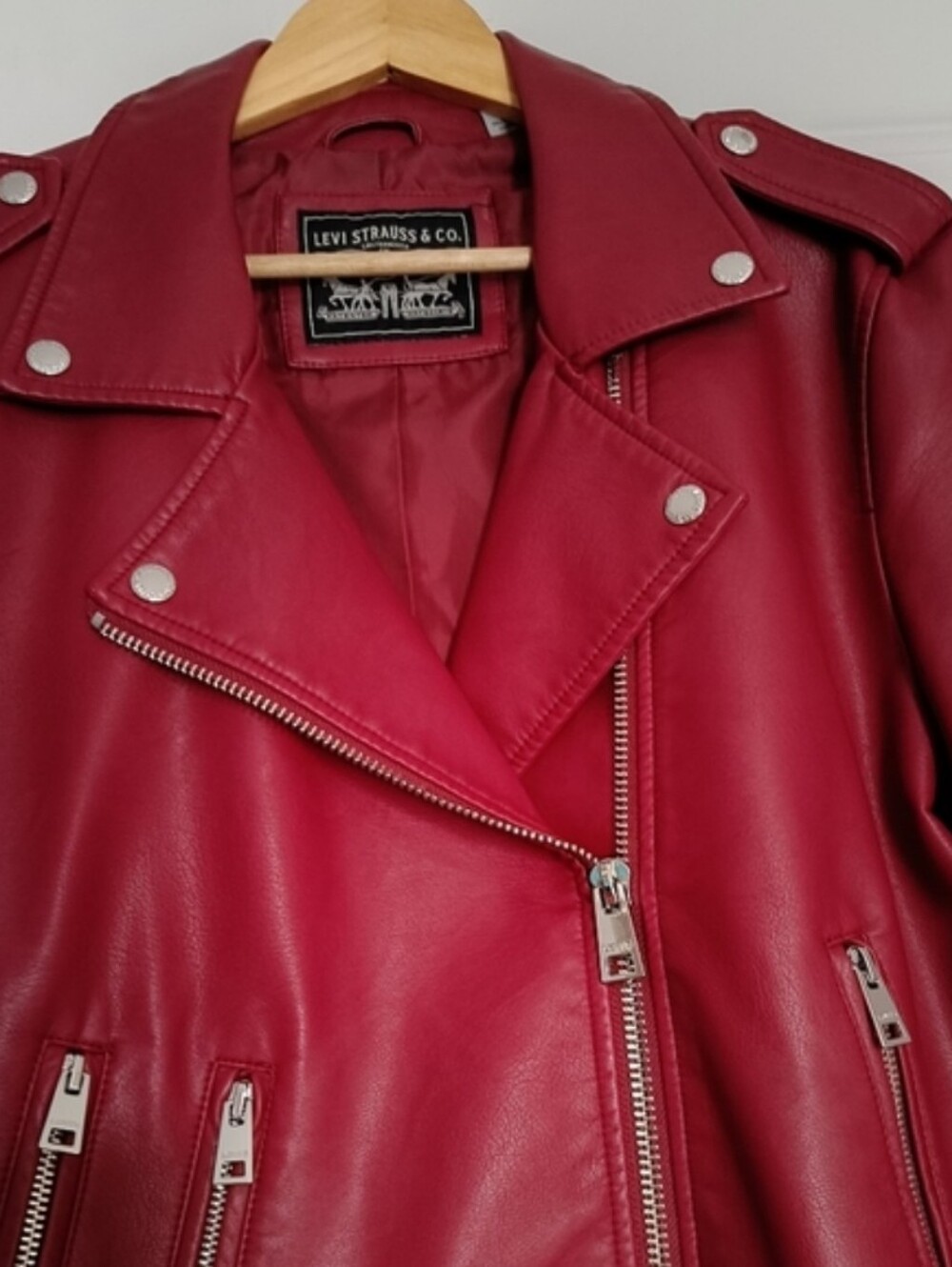 Levi's Red Faux Leather Moto Cropped Jacket with Asymmetrical Zip - Picture 7 of 10